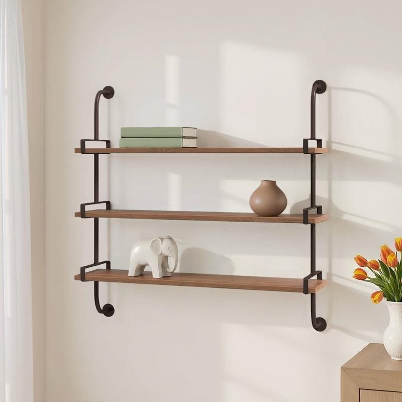 Siyah Metal ve Köknar Ağacı Endüstriyel Tasarım 3 Raflı Duvar Rafı - 97x97 cm - 180064