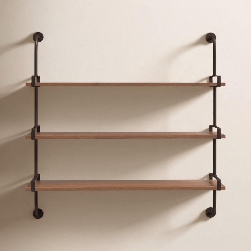 Siyah Metal ve Köknar Ağacı Endüstriyel Tasarım 3 Raflı Duvar Rafı - 97x97 cm - 180064