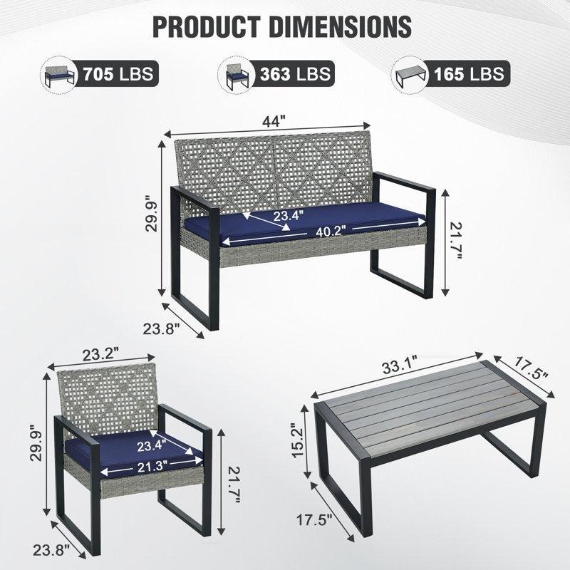 Siyah Metal ve Masif Akasya 4 Kişilik Minderli Hasır Bahçe Takımı - 211842