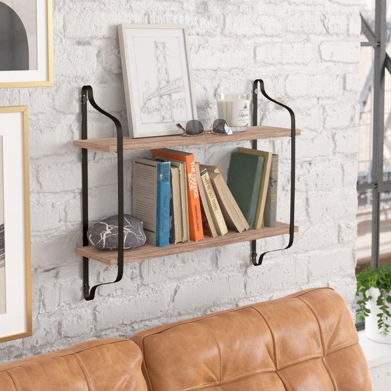Siyah Metal ve Masif Çam Ahşap İki Katlı Duvar Rafı - 60 cm - 180587