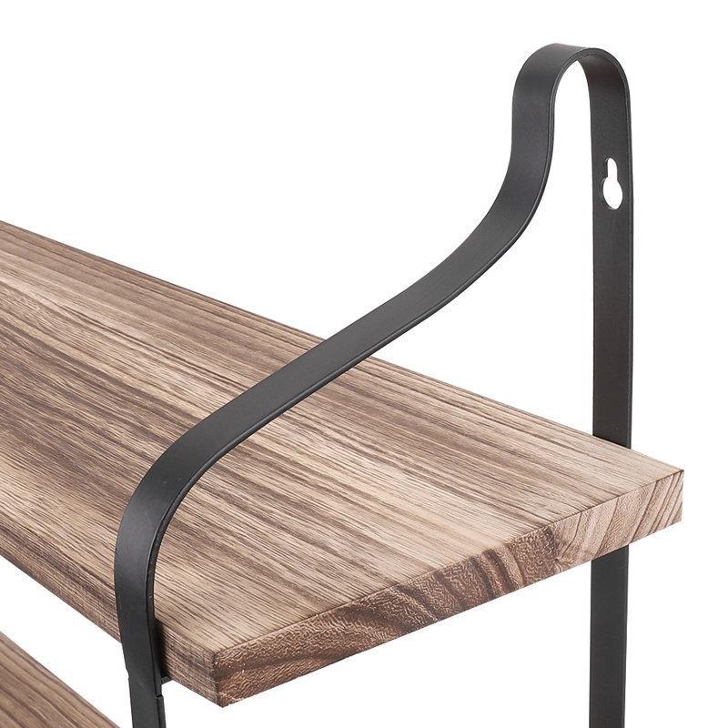 Siyah Metal ve Masif Çam Ahşap İki Katlı Duvar Rafı - 60 cm - 180587