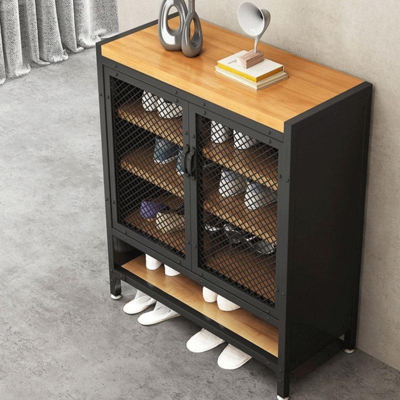 Siyah Metal ve Masif Çam Endüstriyel Tasarım Kapaklı Ayakkabılık - 61x33x99 cm - 230282