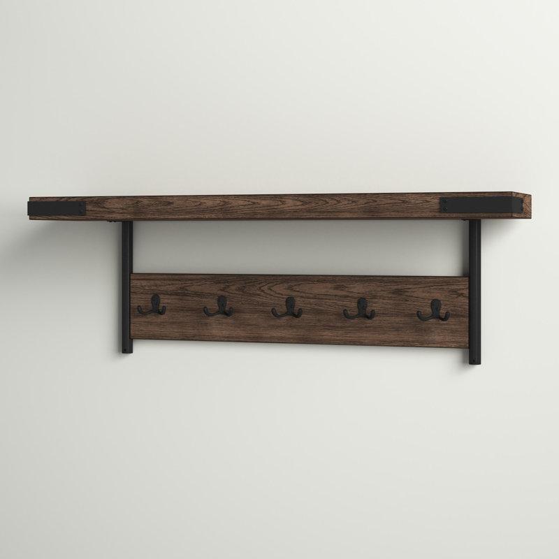 Siyah Metal ve Masif Meşe 5 Kancalı Askılı Duvar Rafı - 107 cm - 179063