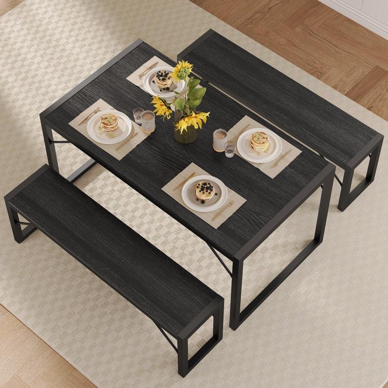 Siyah Metal ve MDF 2 Banklı Dikdörtgen Yemek Masası Takımı - 122x77 cm - 171909