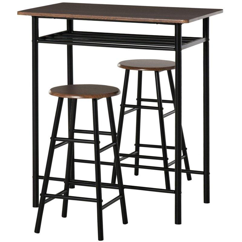 Siyah Metal ve Meşe MDF Raflı 2 Tabureli Bar Masası Seti - 80x50 cm - 232203
