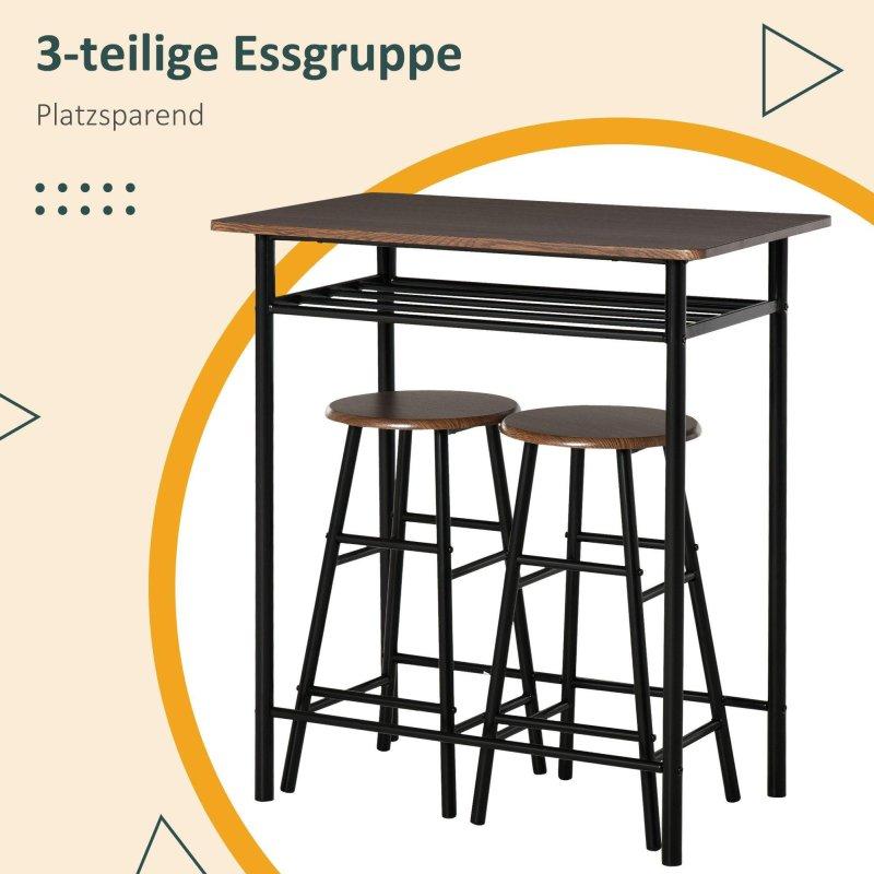Siyah Metal ve Meşe MDF Raflı 2 Tabureli Bar Masası Seti - 80x50 cm - 232203