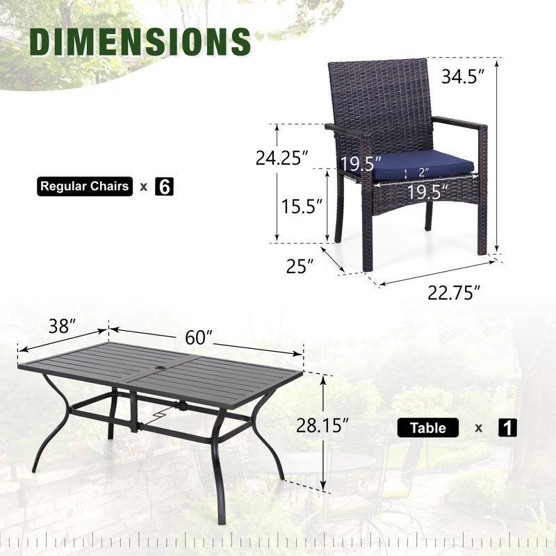 Siyah Metal ve PE Rattan 6 Kişilik Minderli Şemsiye Delikli Bahçe Masa Takımı - 153x97 cm - 216895