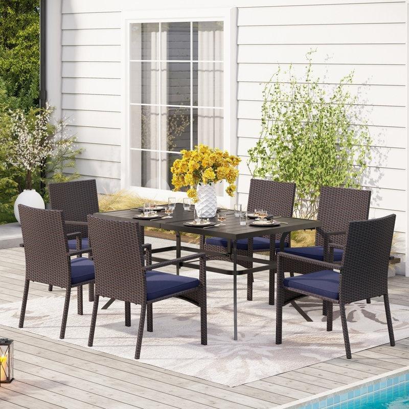 Siyah Metal ve PE Rattan Mavi Minderli 6 Kişilik Bahçe Masa Takımı - 214054