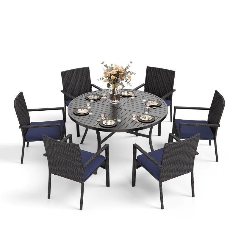 Siyah Metal ve PE Rattan Minderli 6 Kişilik Yuvarlak Bahçe Masa Takımı - 138 cm - 215739