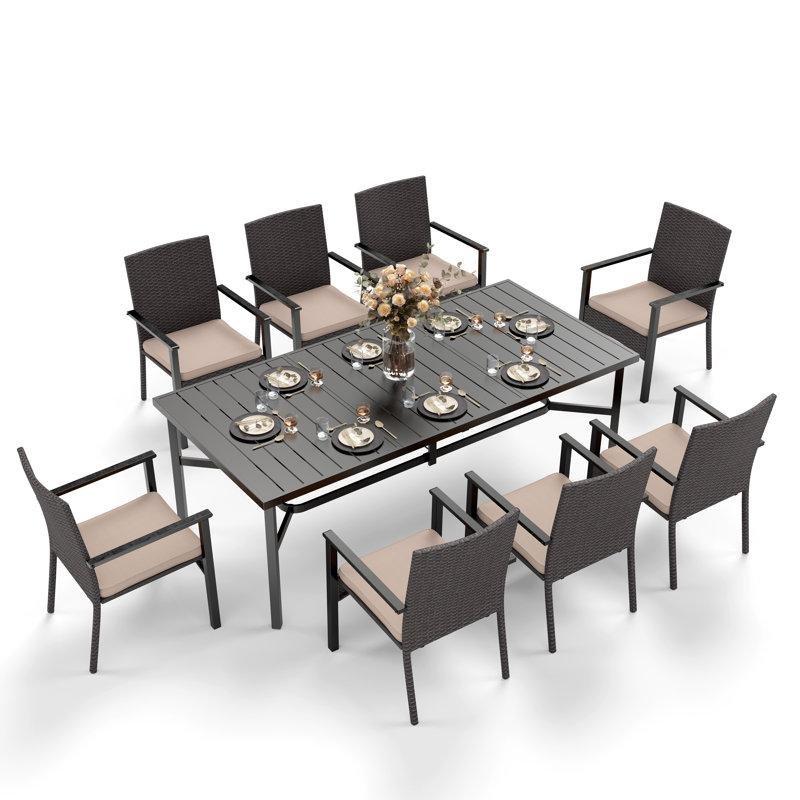 Siyah Metal ve PE Rattan Minderli Dikdörtgen 8 Kişilik Bahçe Masa Takımı - 217065