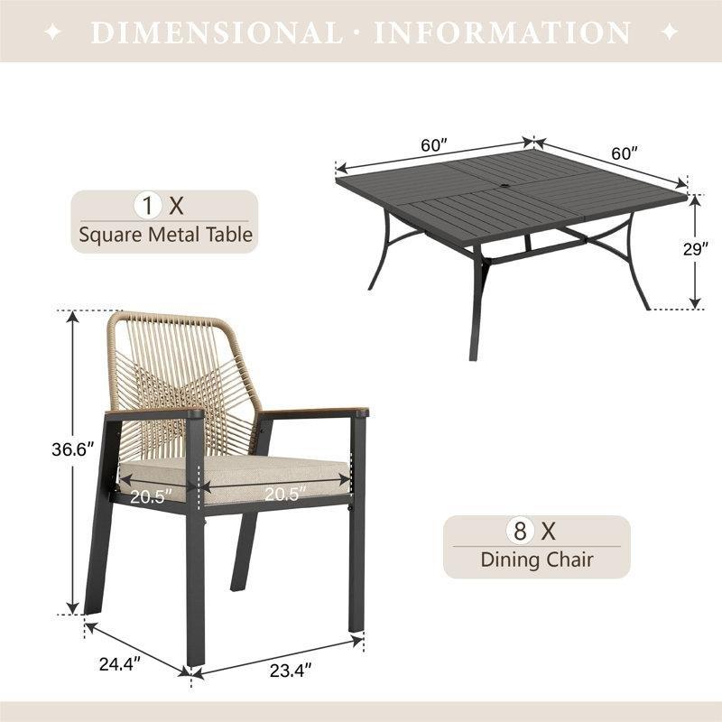Siyah Metal ve Rattan 8 Kişilik Minderli Şemsiye Delikli Bahçe Masa Takımı - 217087
