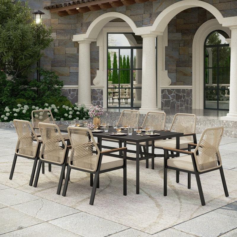 Siyah Metal ve Rattan 8 Kişilik Şemsiye Delikli Dikdörtgen Bahçe Masa Takımı - 211x101 cm - 216949