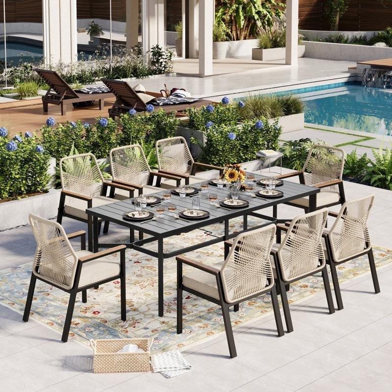 Siyah Metal ve Rattan 8 Kişilik Şemsiye Delikli Dikdörtgen Bahçe Masa Takımı - 211x101 cm - 216949