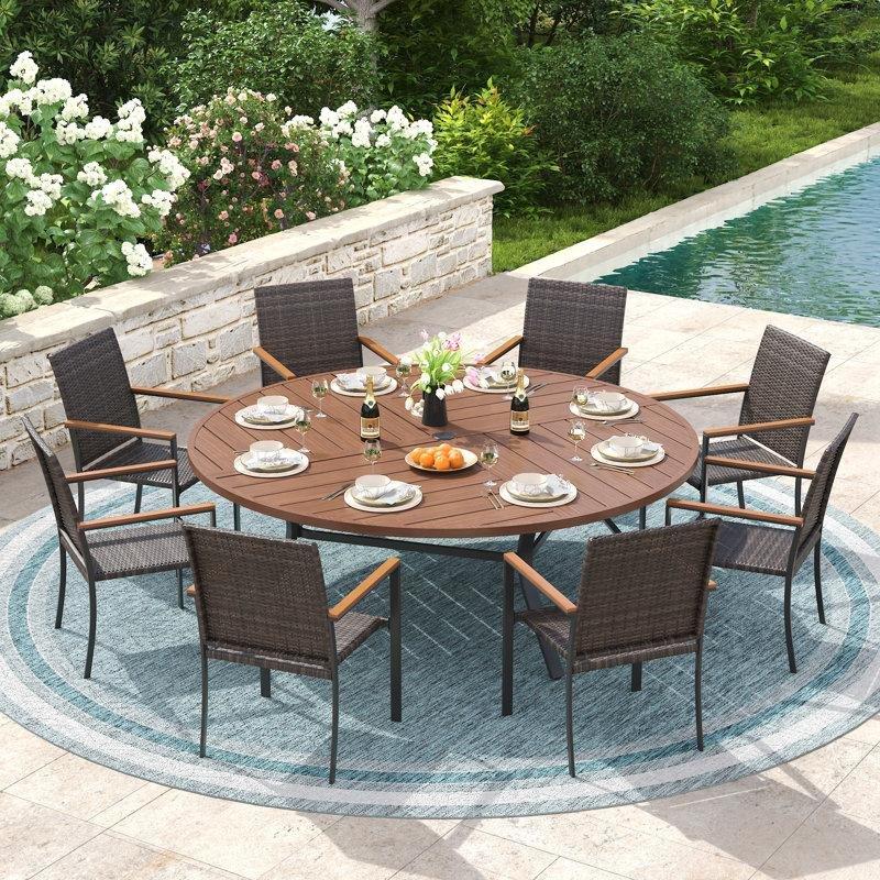 Siyah Metal ve Rattan 8 Kişilik Şemsiye Delikli Yuvarlak Bahçe Masa Takımı - 152 cm - 215083