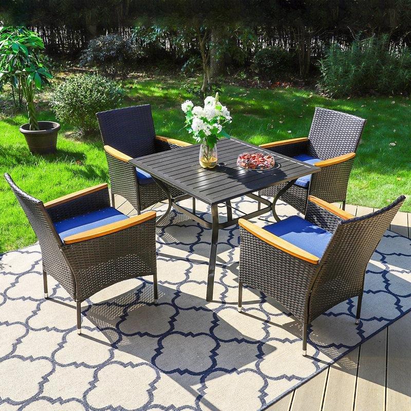 Siyah Metal ve Rattan Minderli Şemsiye Delikli Kare Bahçe Masa Takımı - 214429