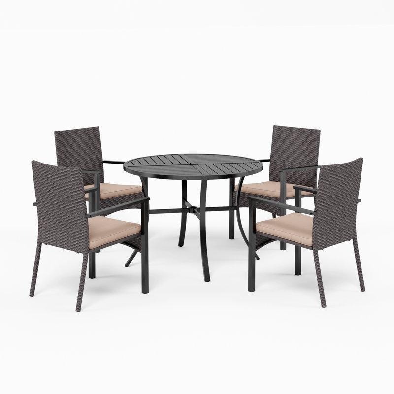 Siyah Metal ve Rattan Minderli Şemsiye Delikli Yuvarlak 4 Kişilik Bahçe Masa Takımı - 214502