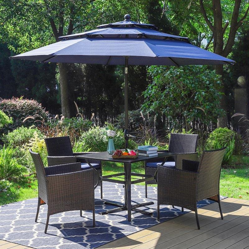 Siyah Metal ve Rattan Minderli Şemsiyeli 4 Kişilik Bahçe Masa Takımı - 214443