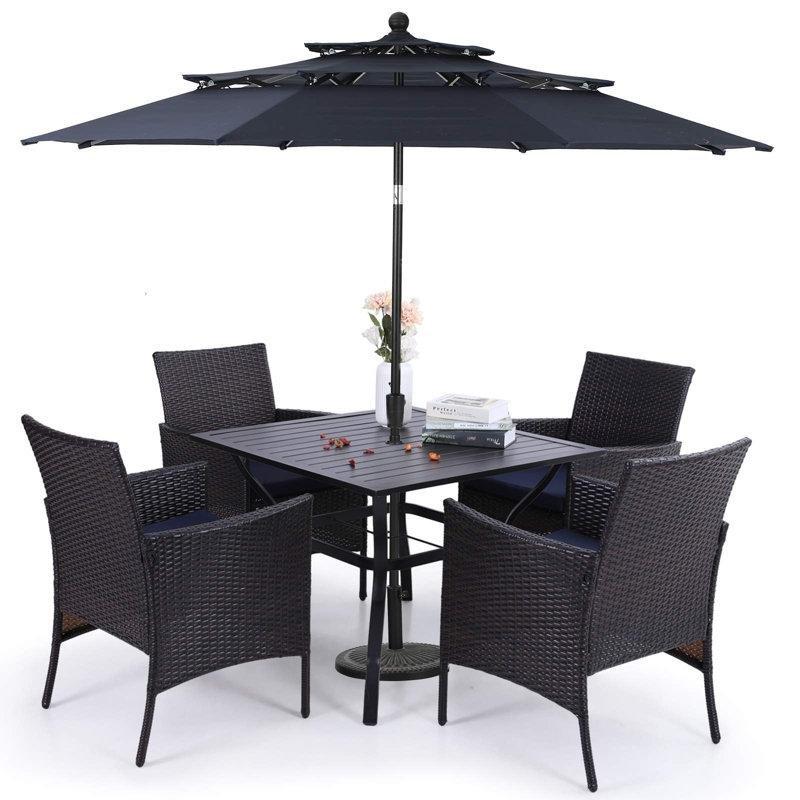 Siyah Metal ve Rattan Minderli Şemsiyeli 4 Kişilik Bahçe Masa Takımı - 214443