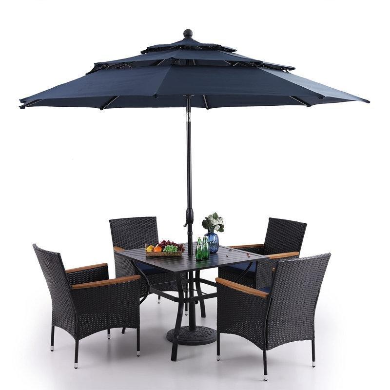 Siyah Metal ve Rattan Minderli Şemsiyeli 4 Kişilik Kare Bahçe Masa Takımı - 94x94 cm - 215968