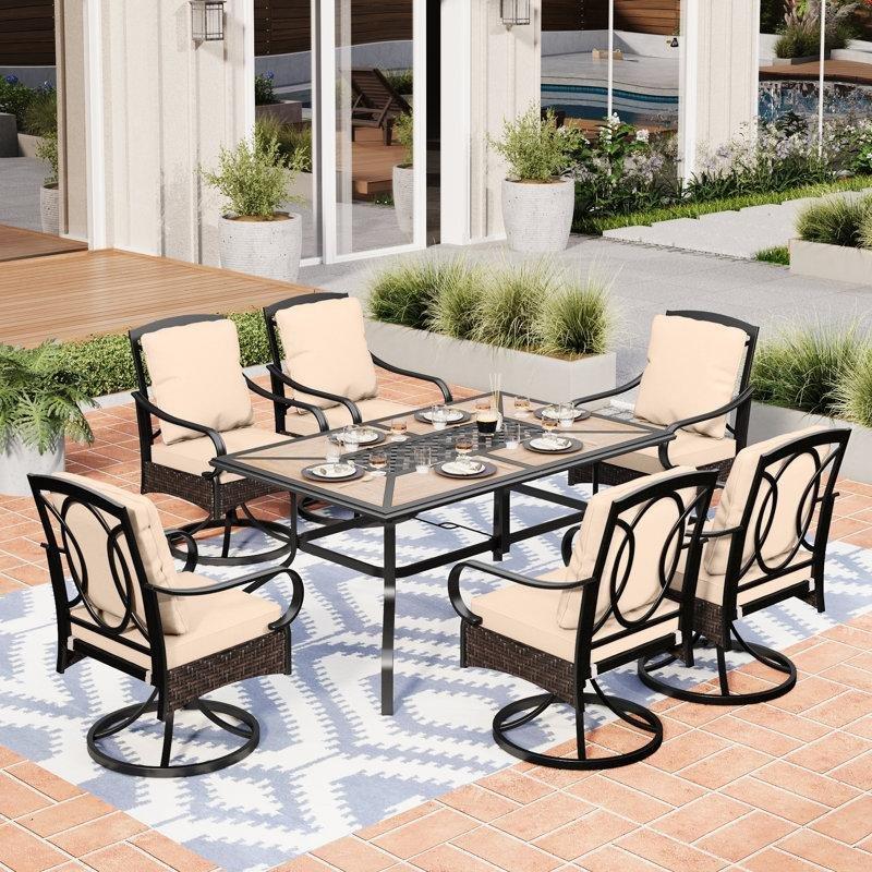 Siyah Metal ve Rattan Şemsiye Delikli Döner Sandalyeli 6 Kişilik Bahçe Masa Takımı - 215635