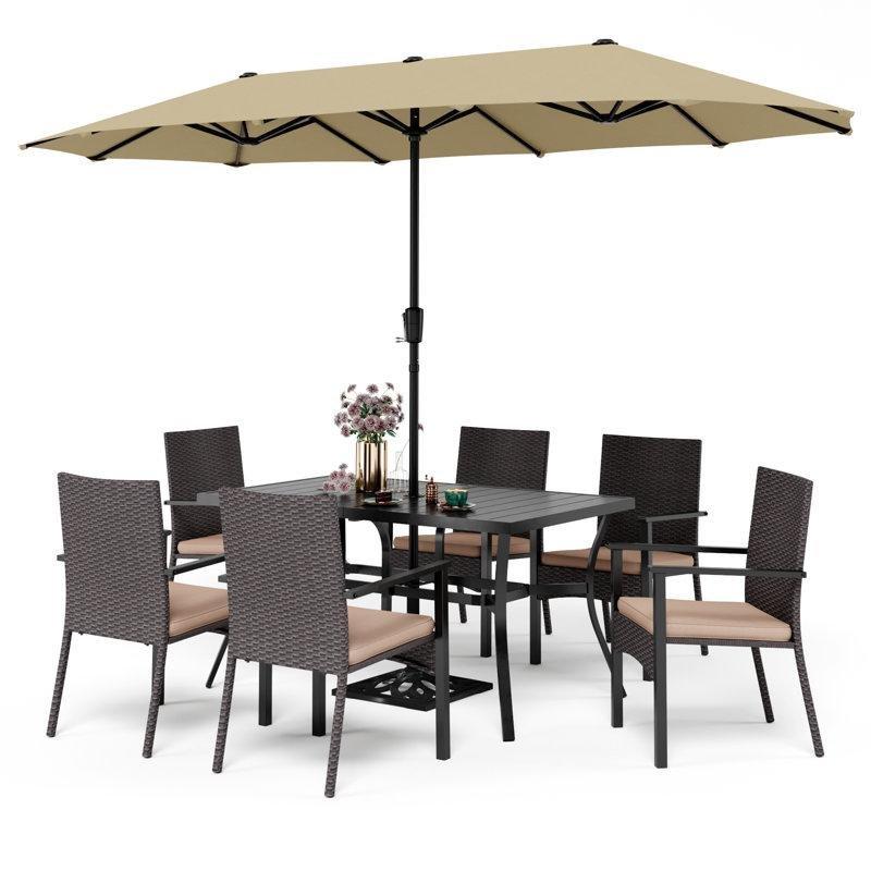 Siyah Metal ve Rattan Şemsiyeli Minderli 6 Kişilik Bahçe Masa Takımı - 213724