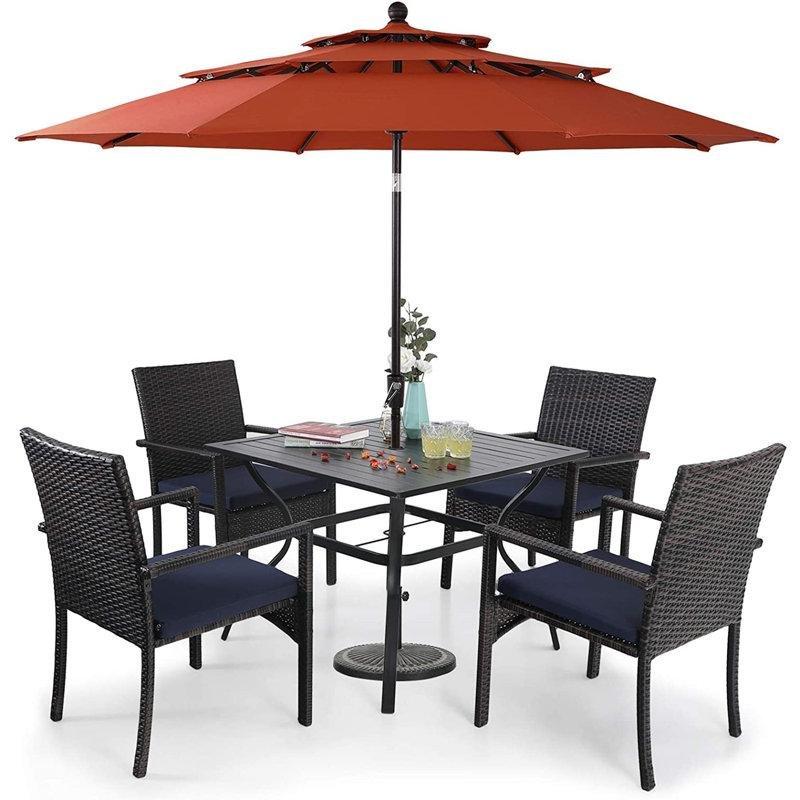 Siyah Metal ve Rattan Şemsiyeli Minderli Kare Bahçe Masa Takımı - 215461