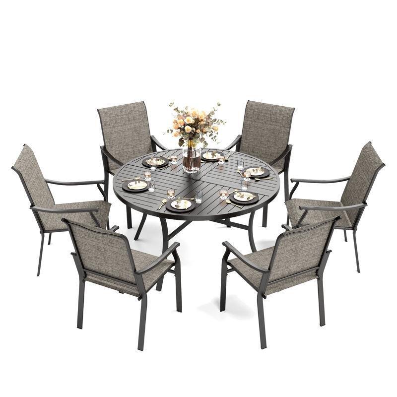 Siyah Metal Yuvarlak Şemsiye Delikli 6 Kişilik Bahçe Masa Takımı - 138 cm - 214956