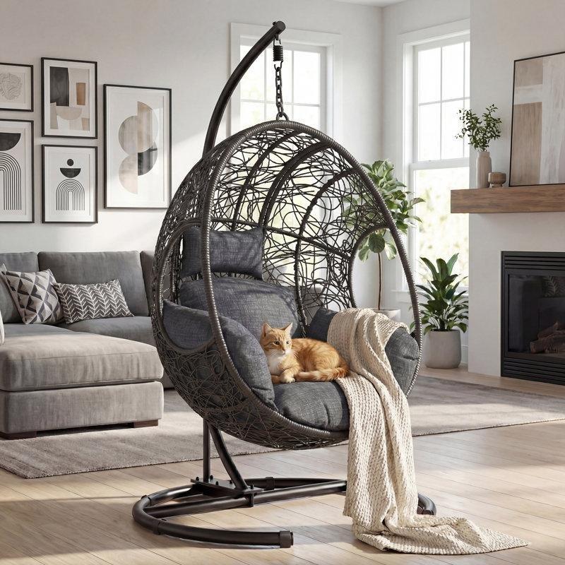 Siyah Minderli PE Rattan Metal Ayaklı Geniş Balkon Salıncağı - 174287