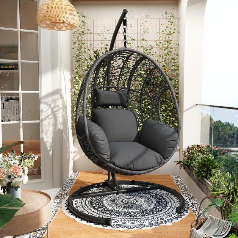 Siyah Minderli PE Rattan Metal Ayaklı Geniş Balkon Salıncağı - 174287