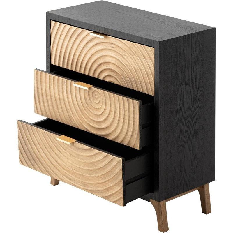 Siyah Naturel Masif Ahşap Metal Ayaklı Üç Çekmeceli Halka Desenli Komodin - 64x30x70 cm - 223494