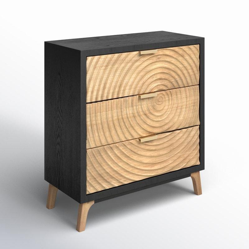 Siyah Naturel Masif Ahşap Metal Ayaklı Üç Çekmeceli Halka Desenli Komodin - 64x30x70 cm - 223494