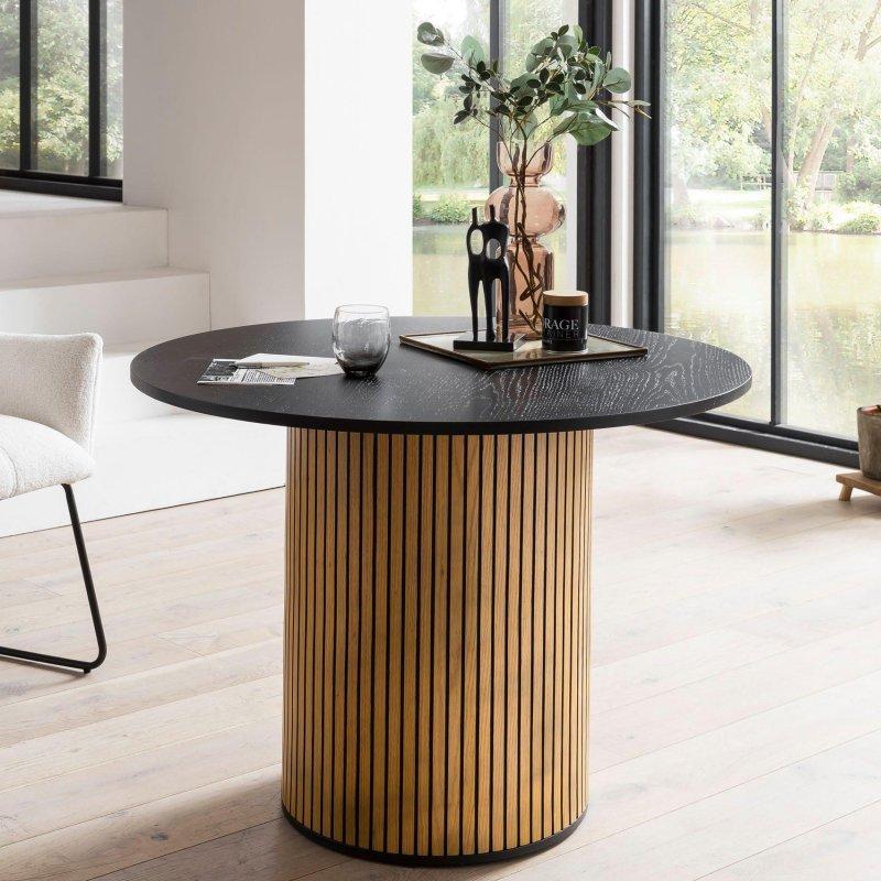Siyah Naturel MDF Meşe Kaplama Yuvarlak Sütun Ayaklı Bohem Yemek Masası - Ø100 cm - 235412