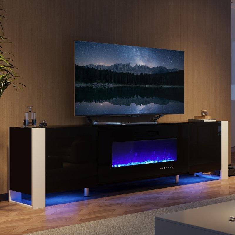 Siyah Parlak Ahşap LED Işıklı Elektrikli Şömineli TV Ünitesi - 178 cm - 222011