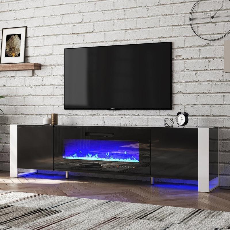 Siyah Parlak Ahşap LED Işıklı Elektrikli Şömineli TV Ünitesi - 178 cm - 222011