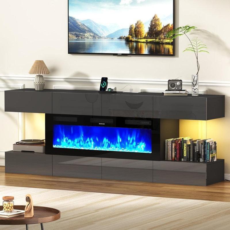 Siyah Parlak Endüstriyel Ahşap 8 Çekmeceli LED Işıklı ve Prizli Elektrikli Şömineli TV Ünitesi - 208 cm - 221299