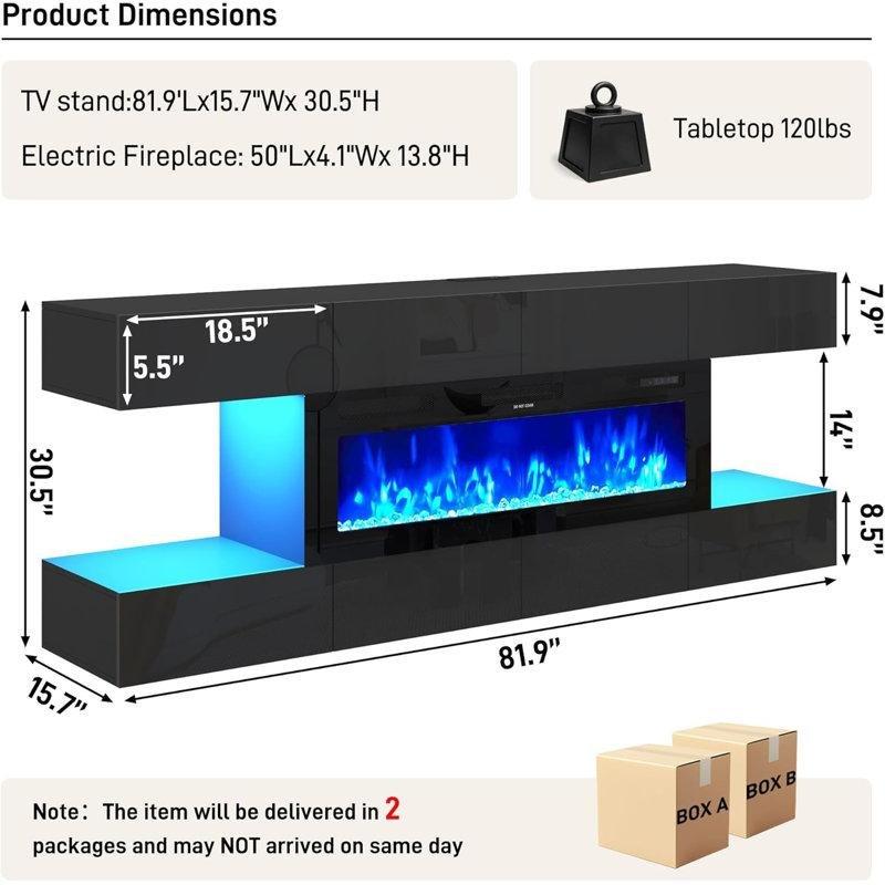 Siyah Parlak Endüstriyel Ahşap 8 Çekmeceli LED Işıklı ve Prizli Elektrikli Şömineli TV Ünitesi - 208 cm - 221299