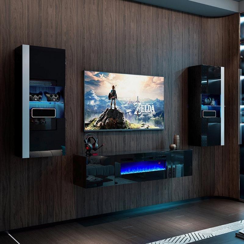 Siyah Parlak LED Işıklı Şömineli ve Kitaplıklı Duvara Monte TV Ünitesi - 220412