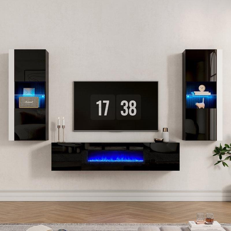 Siyah Parlak LED Işıklı Şömineli ve Kitaplıklı Duvara Monte TV Ünitesi - 220412