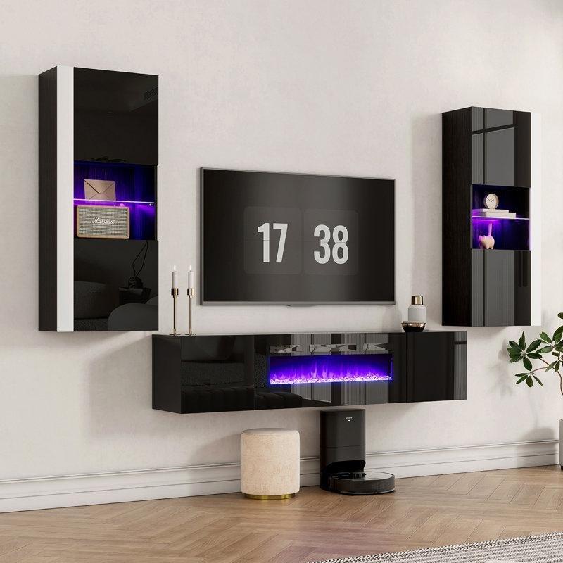 Siyah Parlak LED Işıklı Şömineli ve Kitaplıklı Duvara Monte TV Ünitesi - 220412