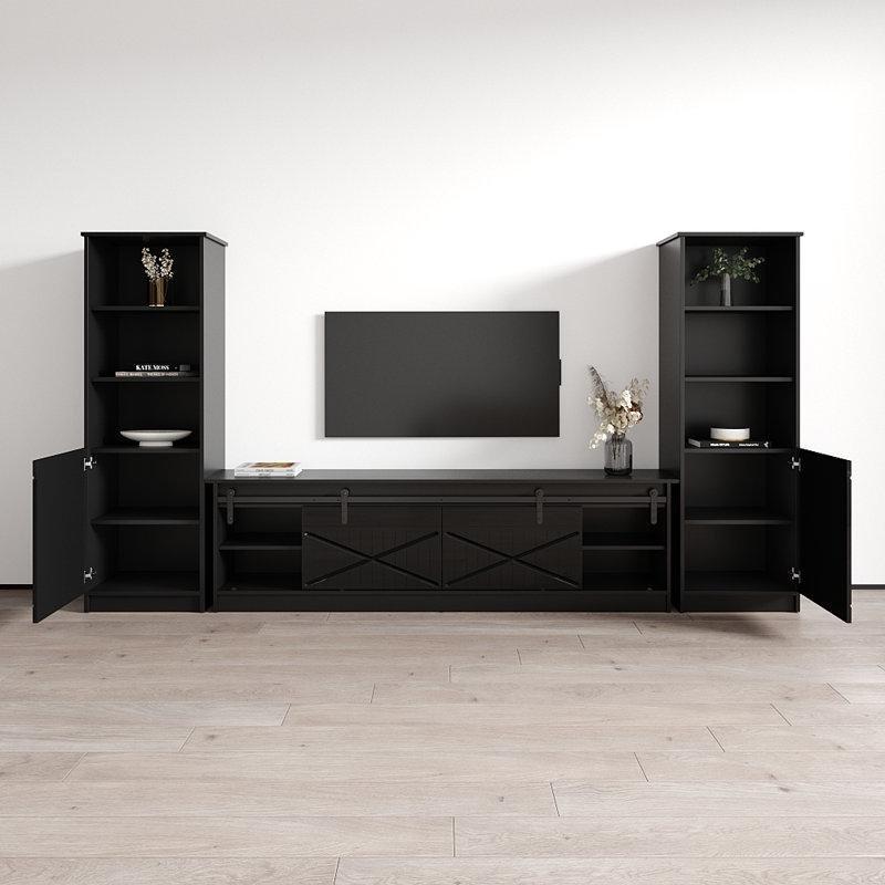 Siyah Parlak Suntalam Elektrikli Şömineli Kitaplıklı TV Ünitesi - 307 cm - 221453