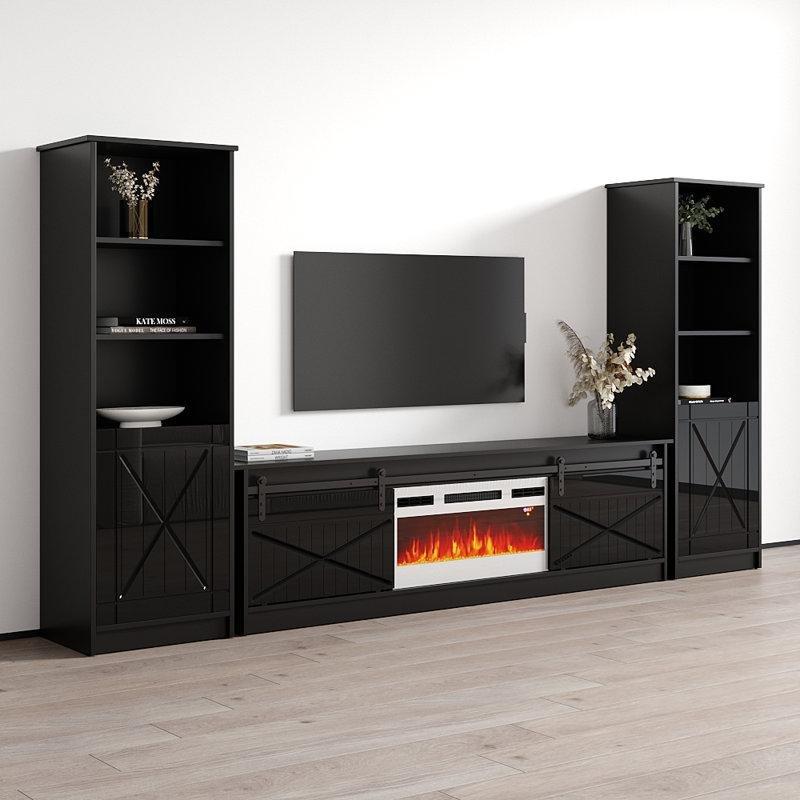 Siyah Parlak Suntalam Kitaplıklı Şömineli TV Ünitesi - 307 cm - 220769