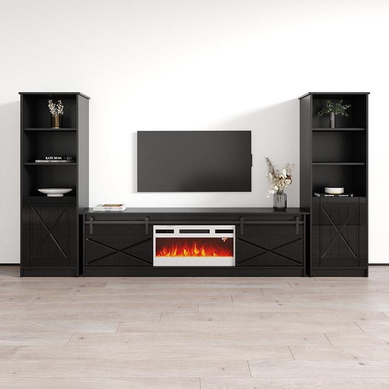Siyah Parlak Suntalam Kitaplıklı Şömineli TV Ünitesi - 307 cm - 220769