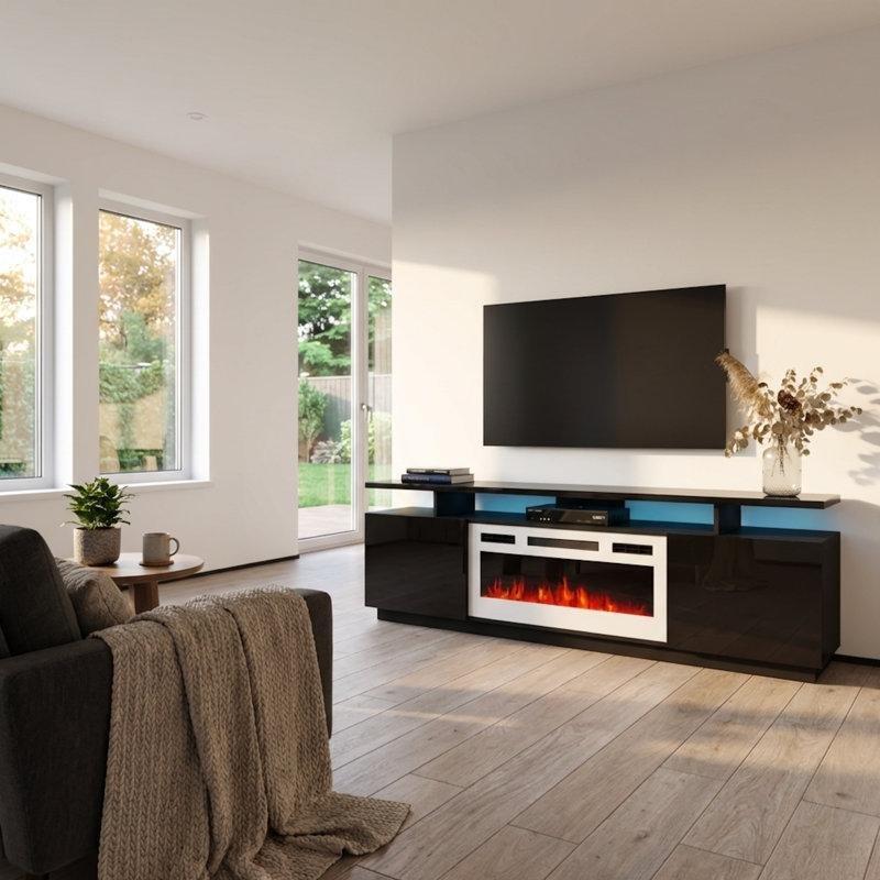 Siyah Parlak Yüzeyli Suntalam Elektrikli Şömineli Tv Ünitesi - 181 cm - 220330