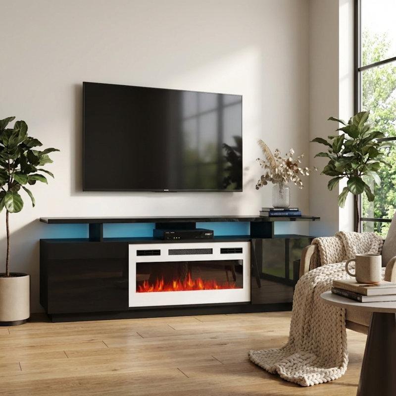 Siyah Parlak Yüzeyli Suntalam Elektrikli Şömineli Tv Ünitesi - 181 cm - 220330