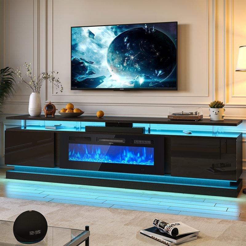 Siyah Parlak Yüzeyli Wi-Fi Kontrollü LED Işıklı Elektrikli Şömineli TV Ünitesi - 204 cm - 221948