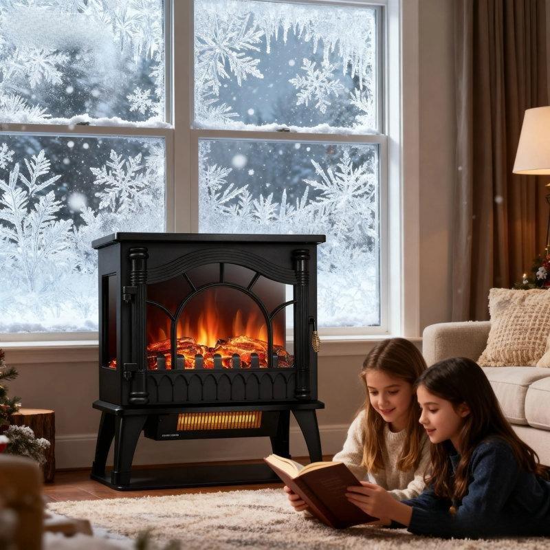 Siyah Paslanmaz Çelik 3D Alev Efektli Portatif Kızılötesi Elektrikli Şömine Soba - 51x58 cm - 184132