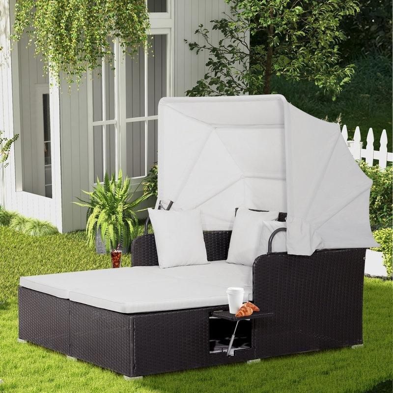Siyah PE Rattan Gölgelikli ve Tepsili Çift Kişilik Şezlong - 166x154 cm - 171012