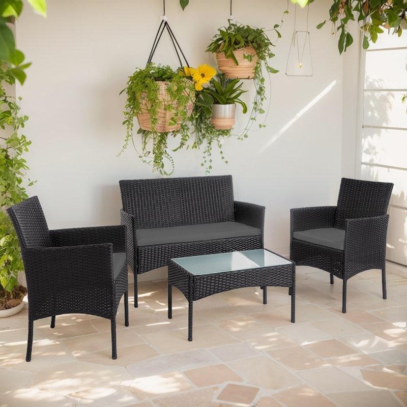 Siyah PE Rattan Metal Çerçeveli Minderli 4 Kişilik Bahçe Takımı - 210379