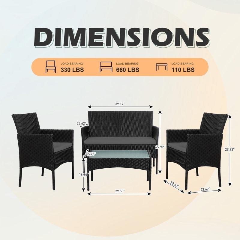 Siyah PE Rattan Metal Çerçeveli Minderli 4 Kişilik Bahçe Takımı - 210379