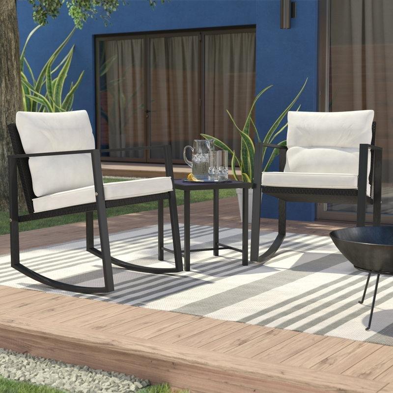 Siyah PE Rattan Minderli 2 Kişilik Sehpalı Sallanan Sandalye Seti - 218734